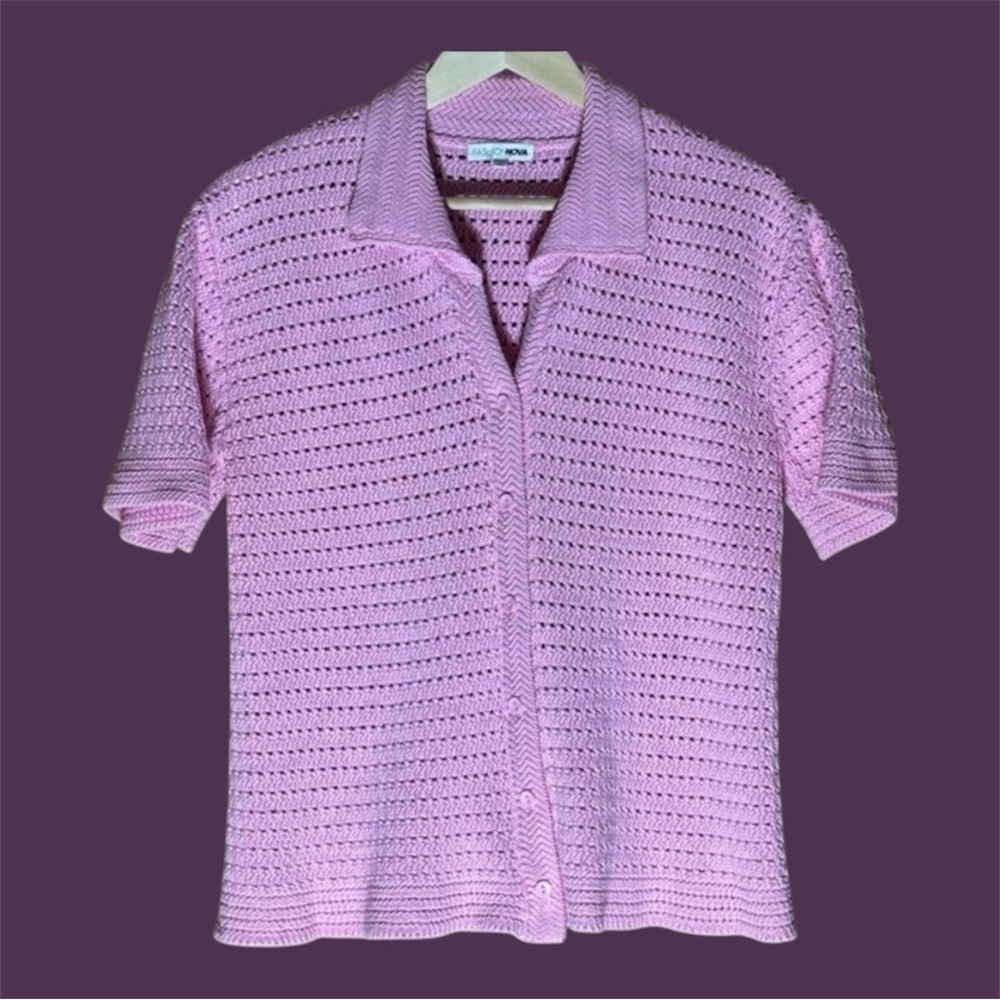 Light Pink Crochet short sleeve sweater -100% Cotton -size M